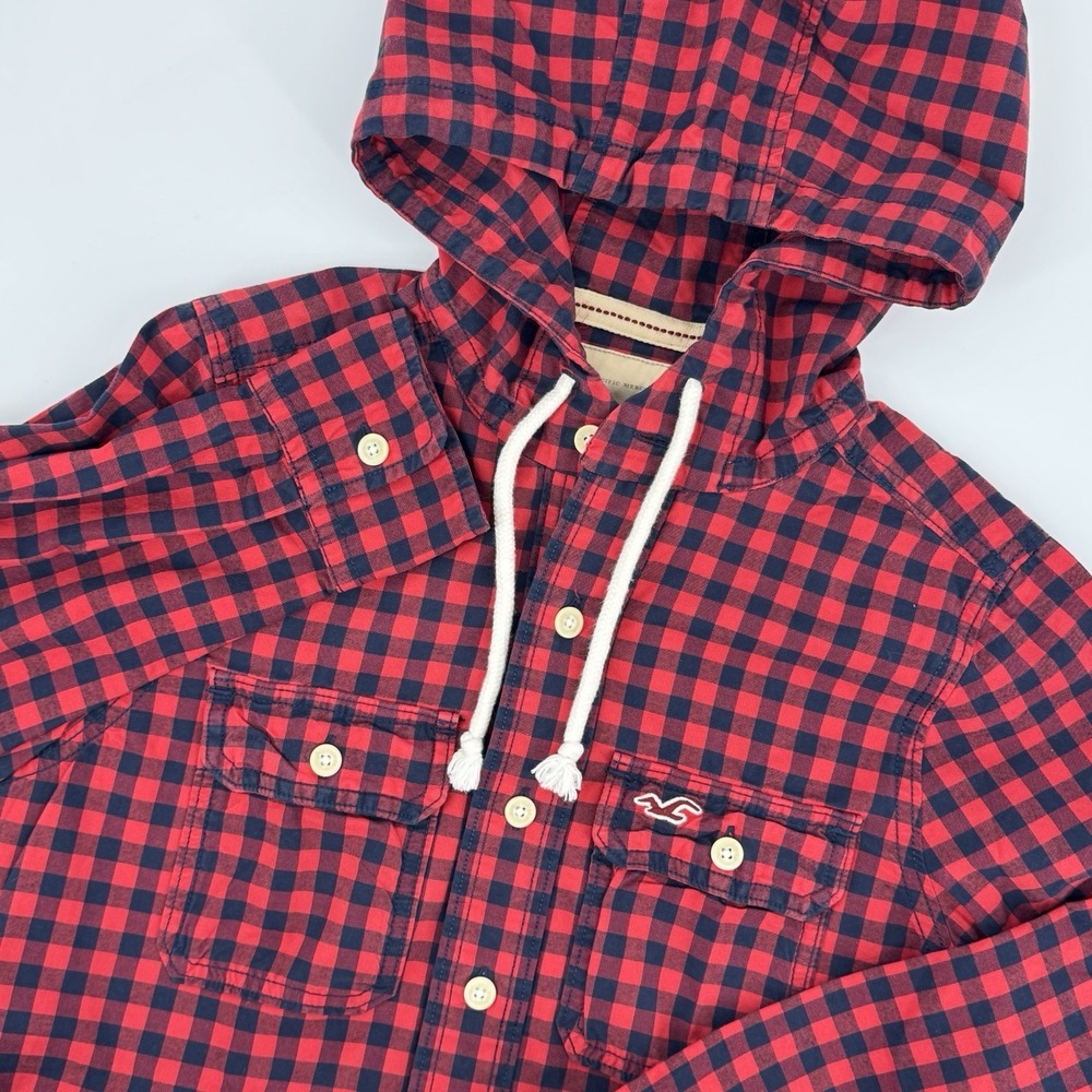 Hollister Red Navy Buffalo‎ Plaid Hooded Flannel Shirt Men's Small Button Front